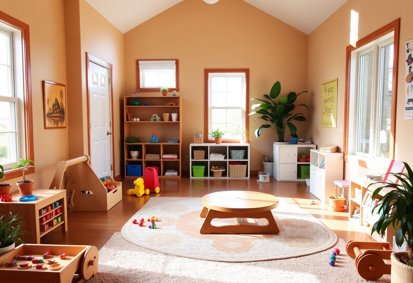 Bright and cozy home-based daycare play area with wooden toys and books