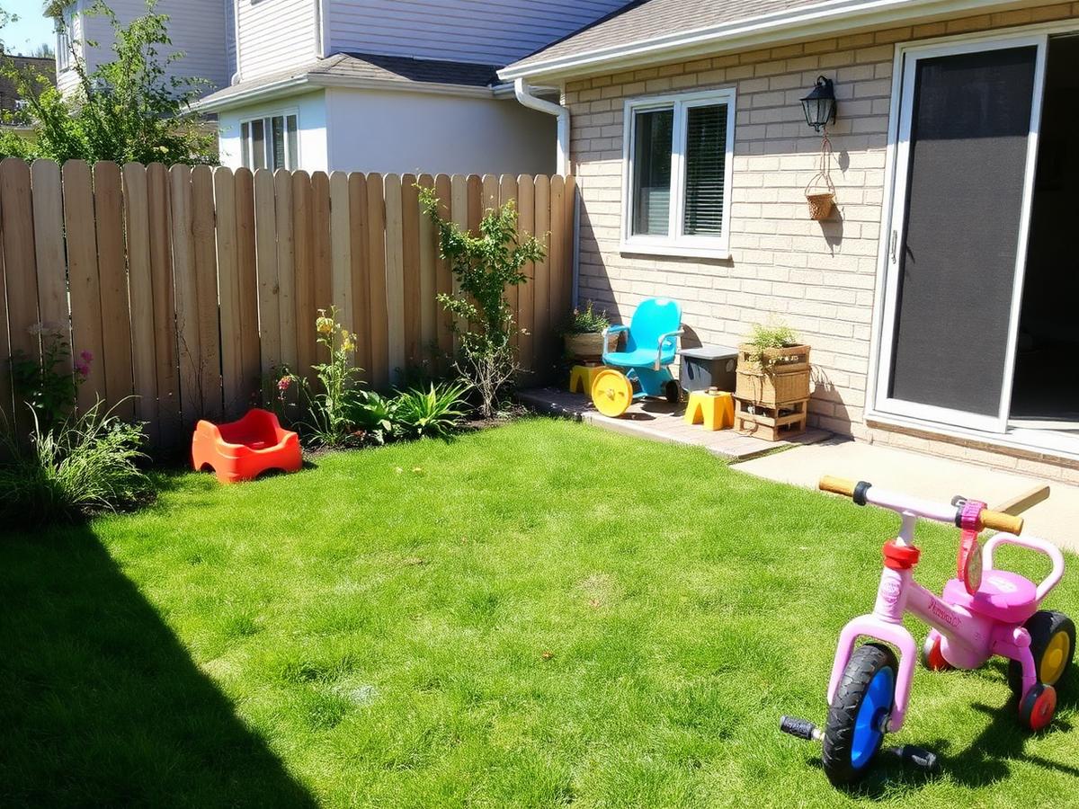 Fenced backyard with outdoor toys