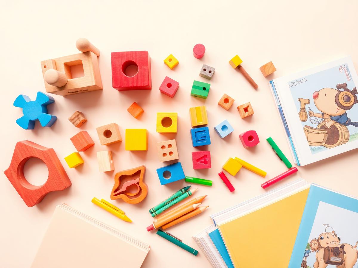 Colorful wooden toys and picture books